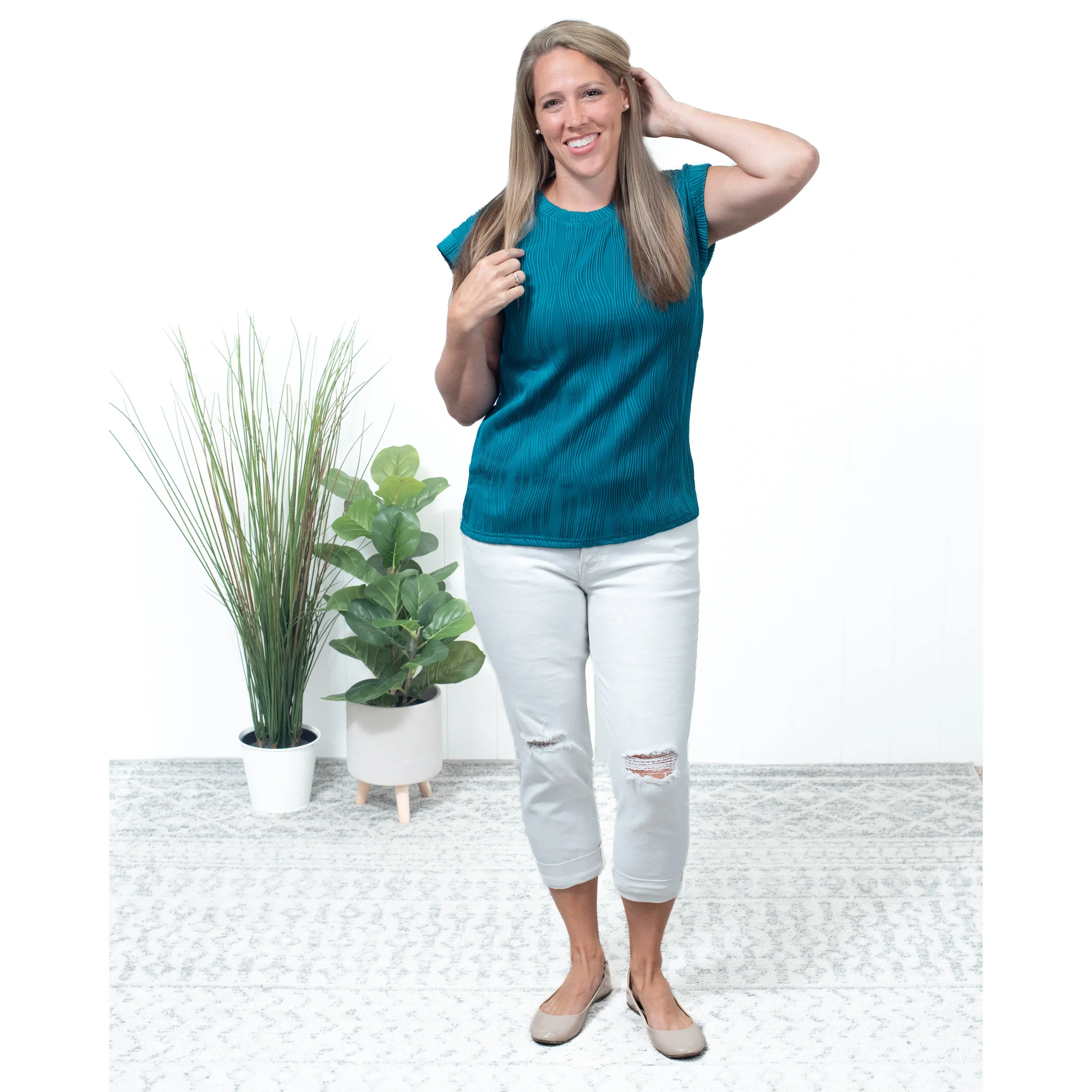 Best Wishes - Teal Round Neck Textured Loose Top