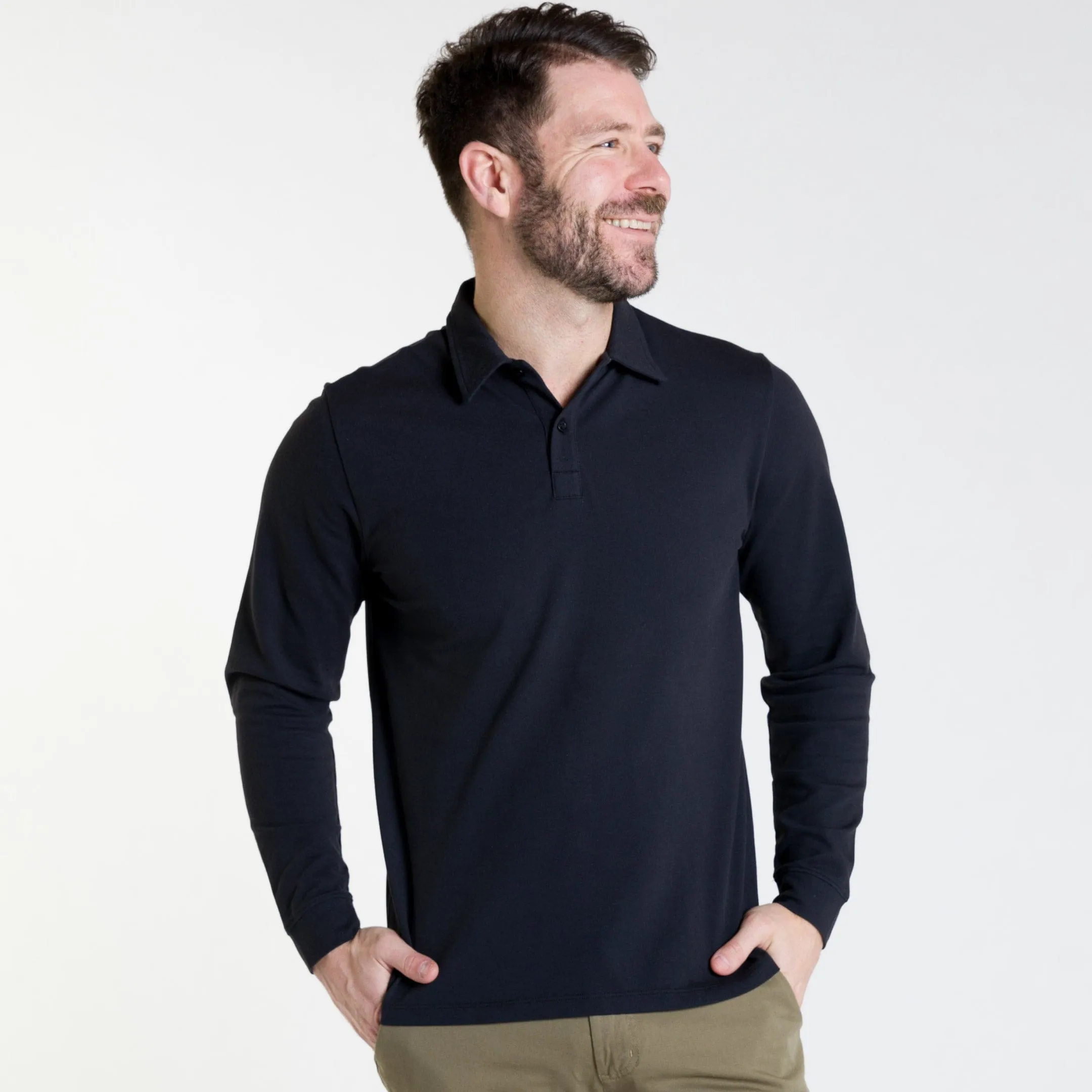 Black Pique Long Sleeve Polo