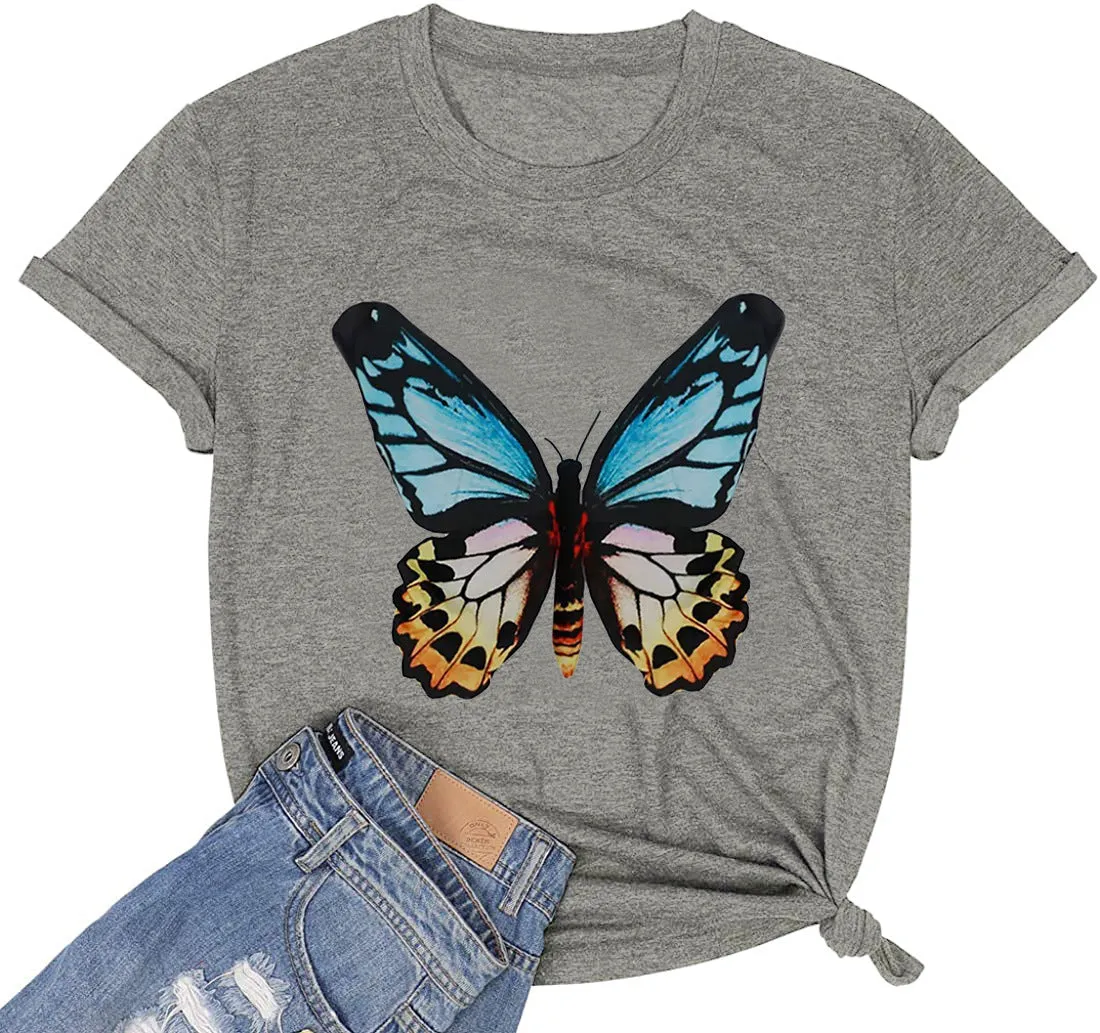 Butterfly print round neck cotton short-sleeved T-shirt