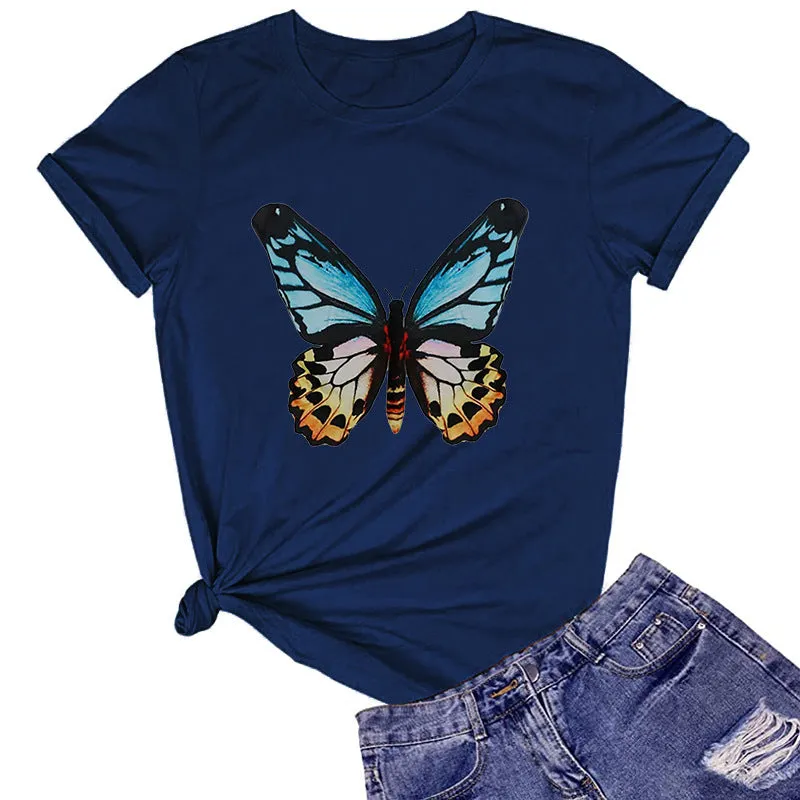 Butterfly print round neck cotton short-sleeved T-shirt