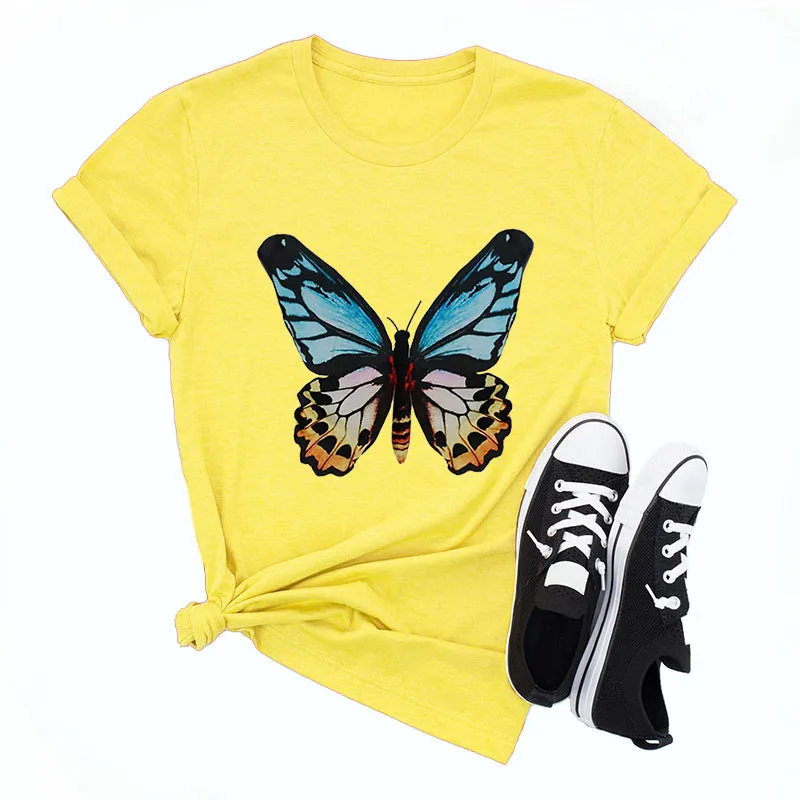 Butterfly print round neck cotton short-sleeved T-shirt