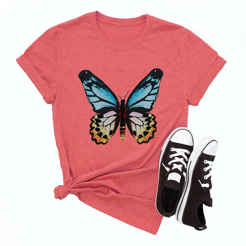 Butterfly print round neck cotton short-sleeved T-shirt