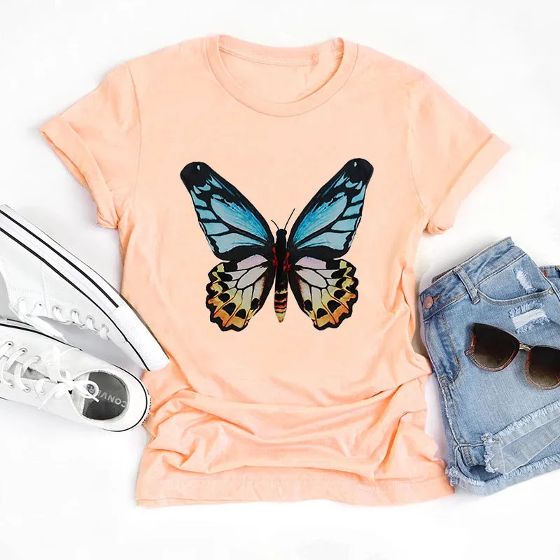 Butterfly print round neck cotton short-sleeved T-shirt