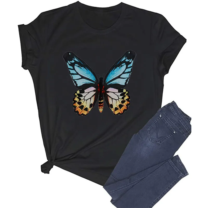 Butterfly print round neck cotton short-sleeved T-shirt