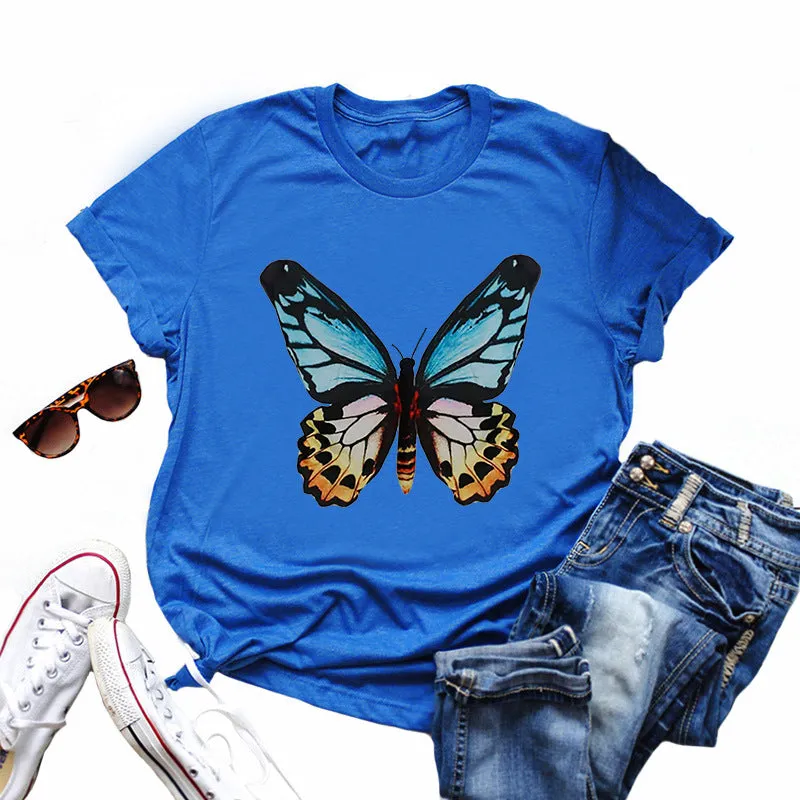 Butterfly print round neck cotton short-sleeved T-shirt