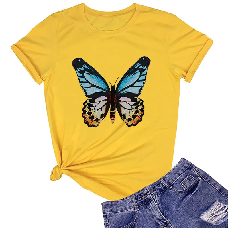 Butterfly print round neck cotton short-sleeved T-shirt