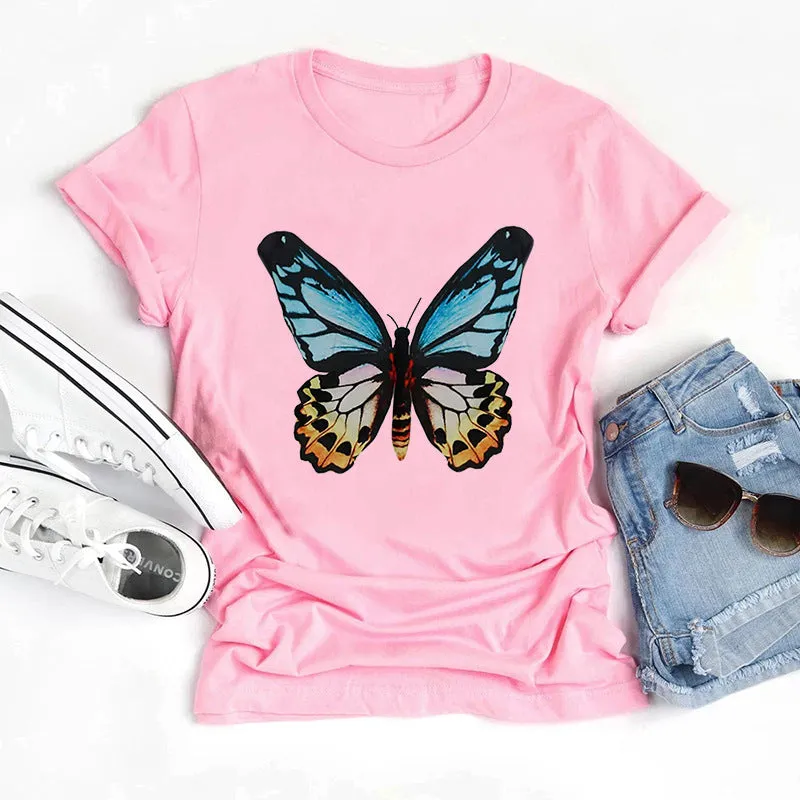 Butterfly print round neck cotton short-sleeved T-shirt