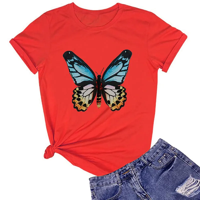 Butterfly print round neck cotton short-sleeved T-shirt