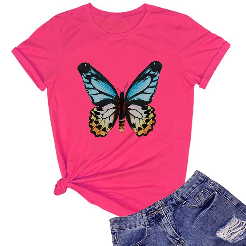 Butterfly print round neck cotton short-sleeved T-shirt