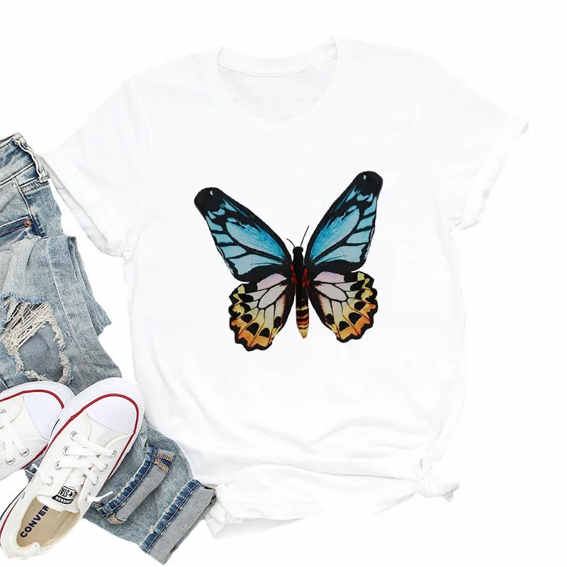 Butterfly print round neck cotton short-sleeved T-shirt