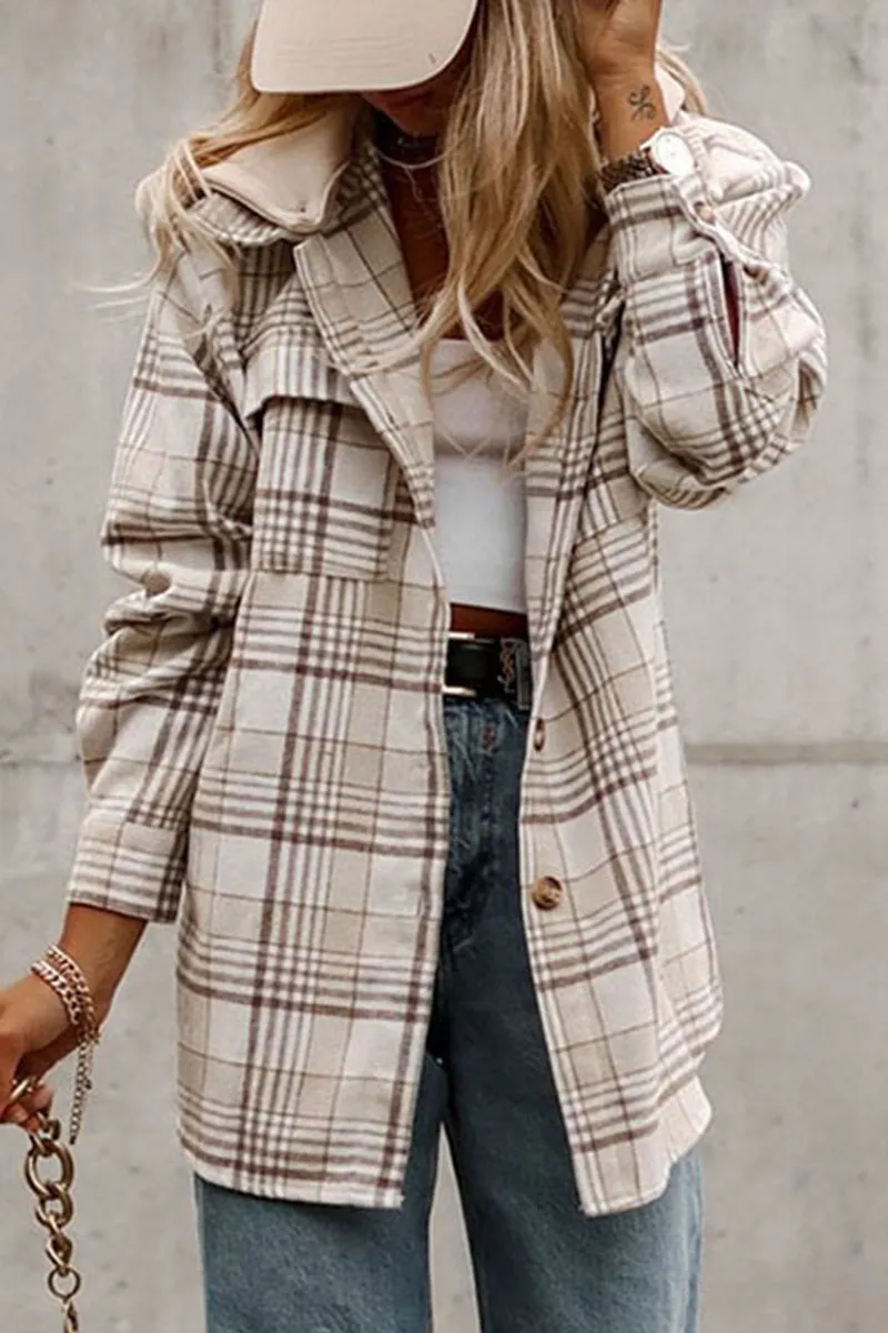 Casual Plaid Patchwork Hooded Collar Outerwear