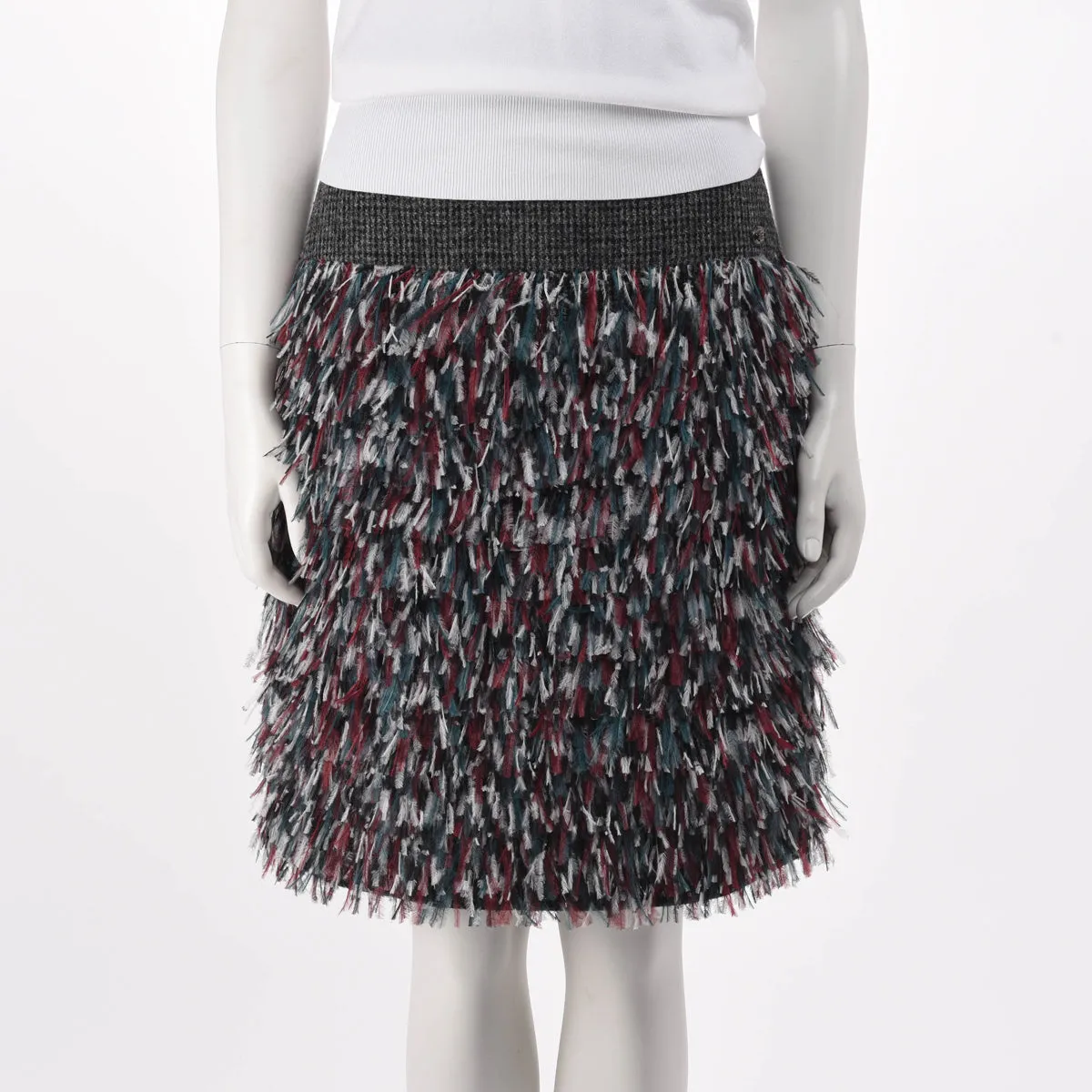 Chanel Grey Tweed & Ostrich Feather Midi Skirt FR 38