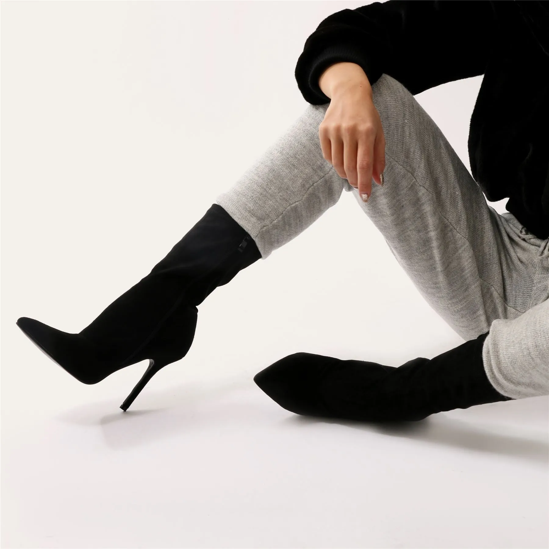 Direct Pointy Sock Boots in Black Faux Suede