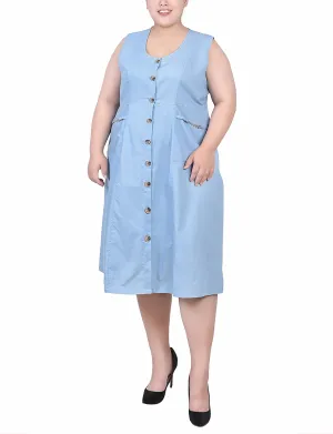 Plus Size Sleeveless Chambray Dress With Hardware