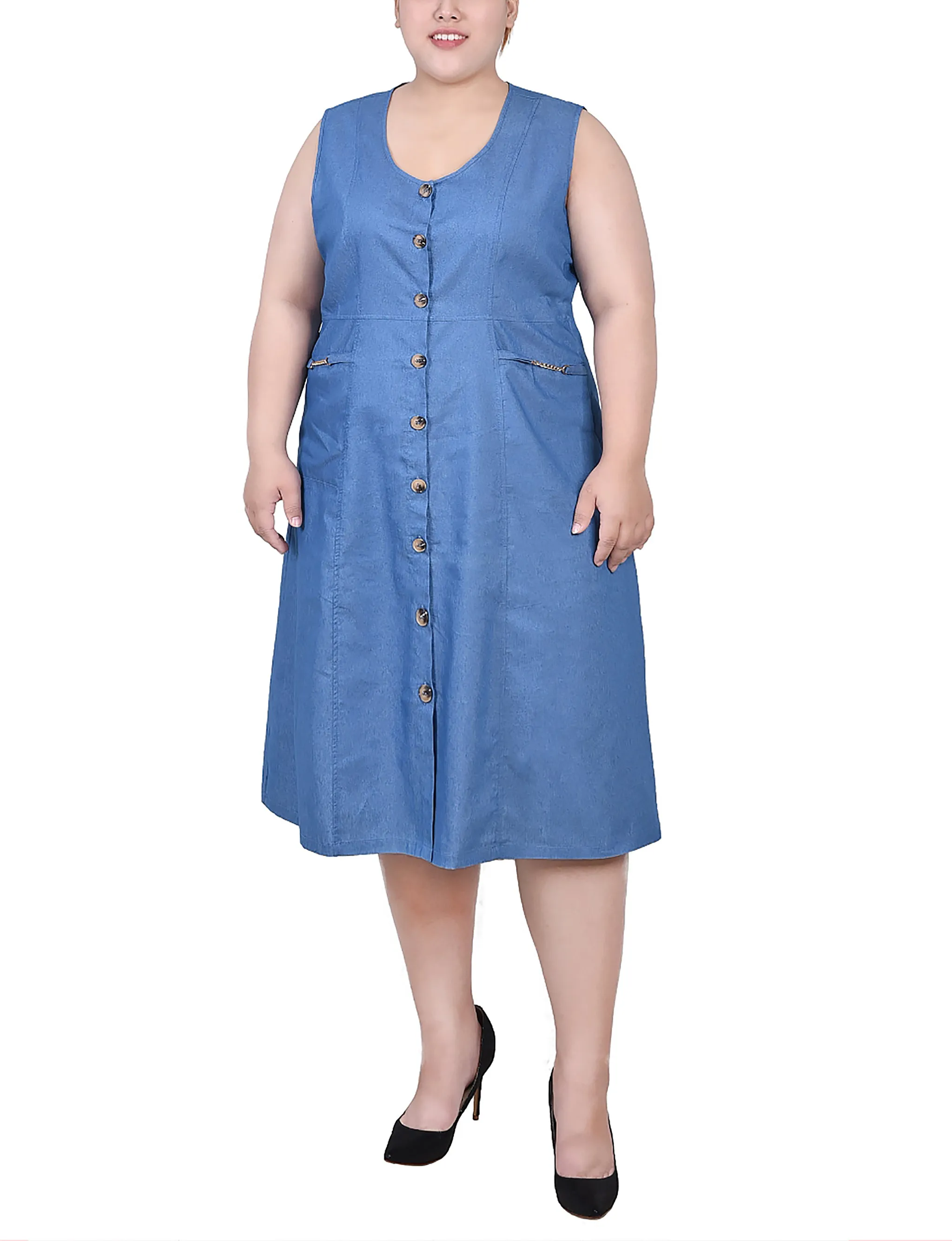 Plus Size Sleeveless Chambray Dress With Hardware