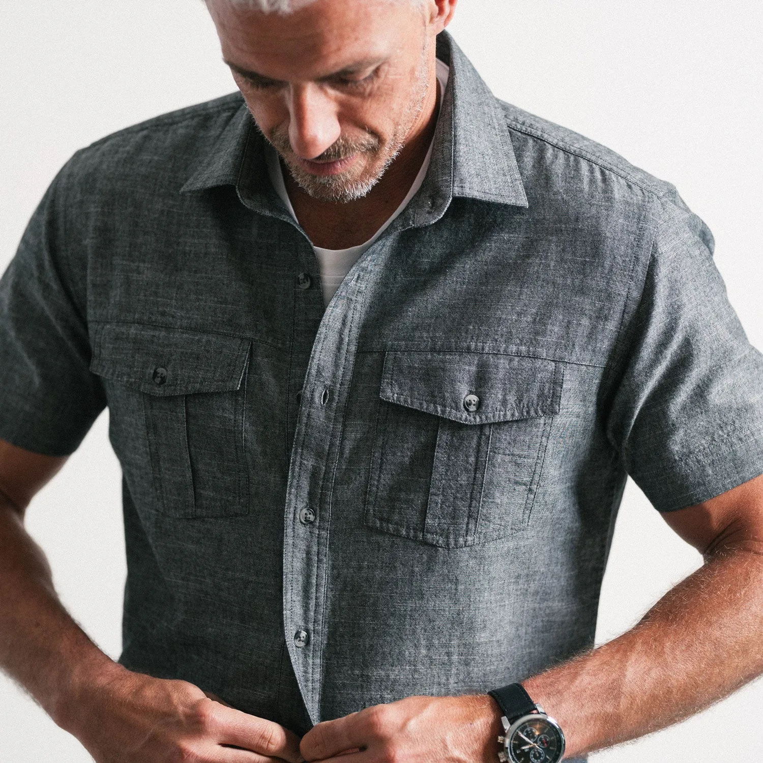 Primer Short Sleeve Utility Shirt – Flint Gray Slub Chambray