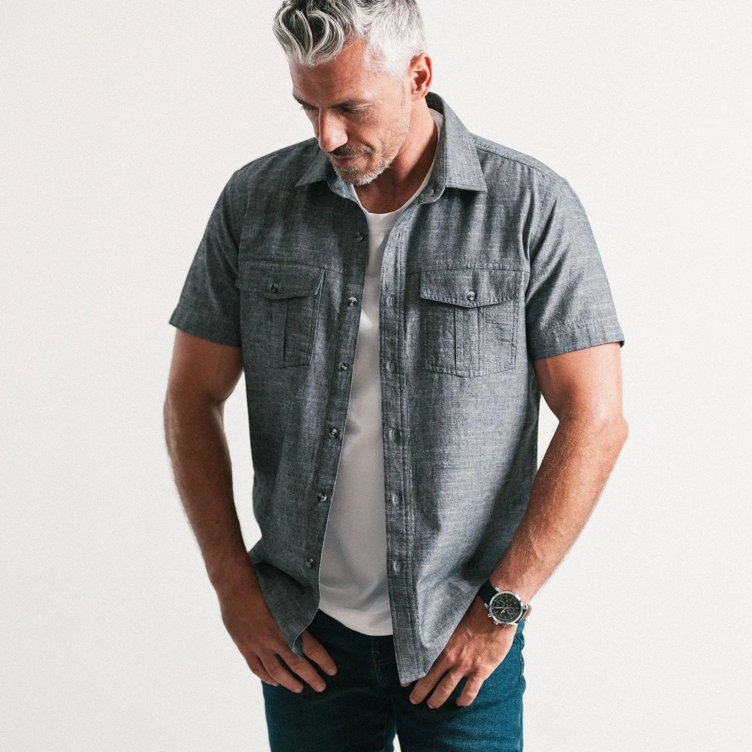 Primer Short Sleeve Utility Shirt – Flint Gray Slub Chambray