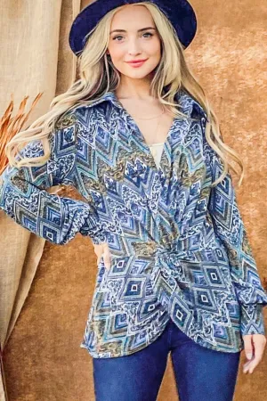 Print Twist Knot Long Sleeve Blouse