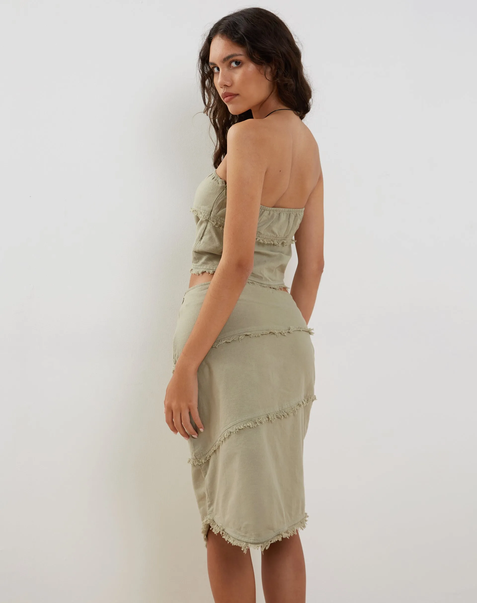 Ralna Asymmetric Midi Skirt in Linen Slate Green