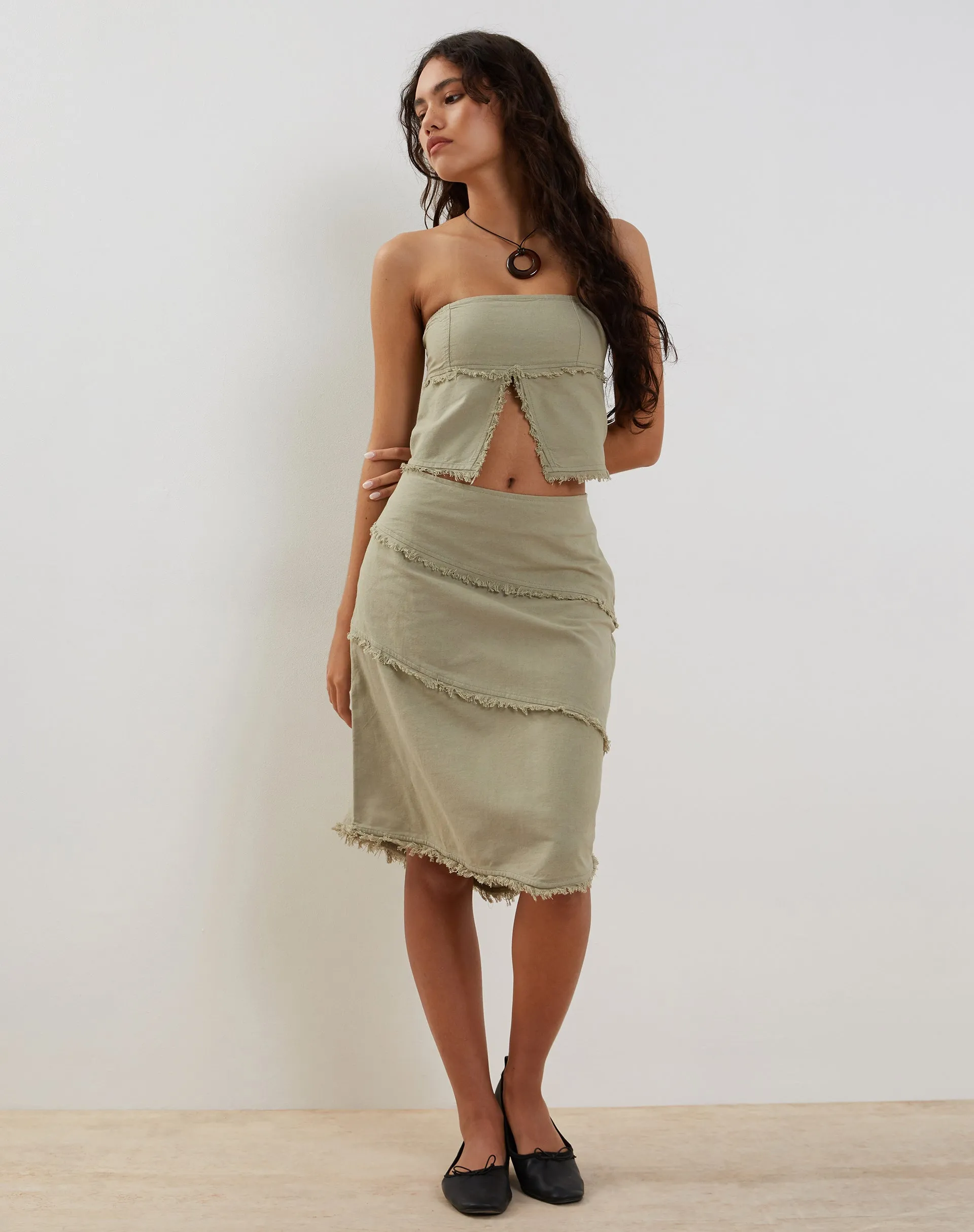 Ralna Asymmetric Midi Skirt in Linen Slate Green