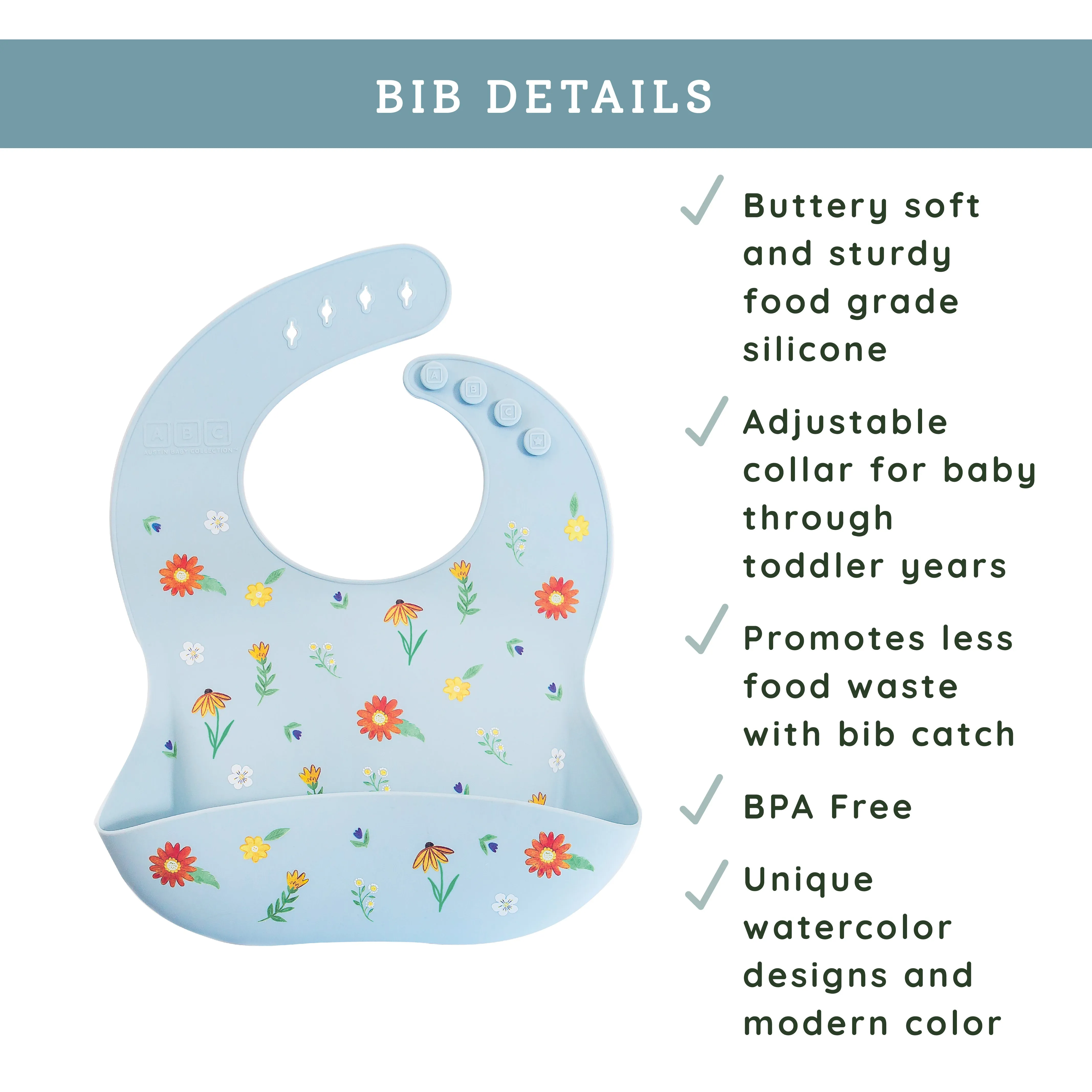 Silicone Bib Wildflower Chambray Blue