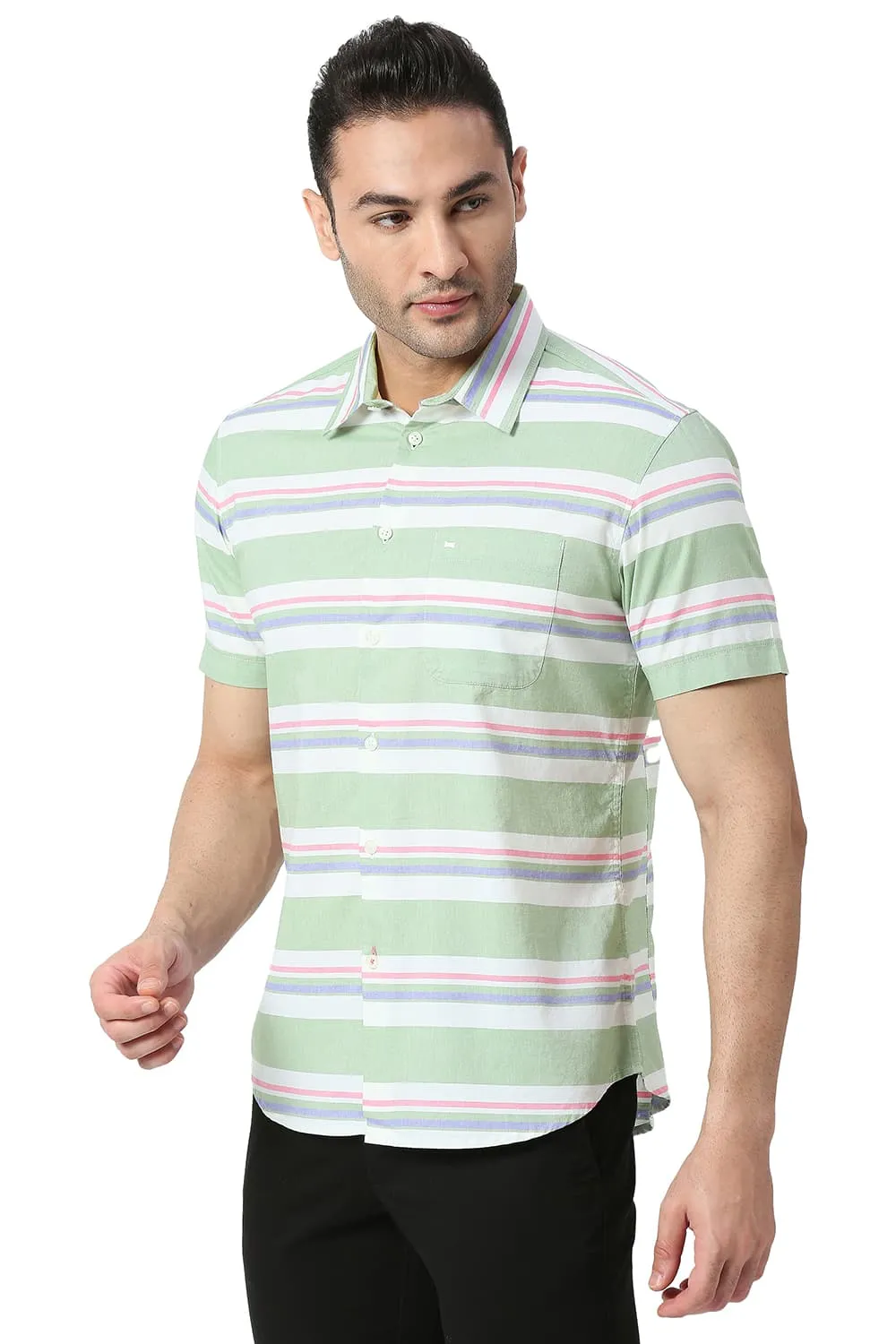 Slim Fit Cotton Oxford Weft Stripe Halfsleeves Shirt