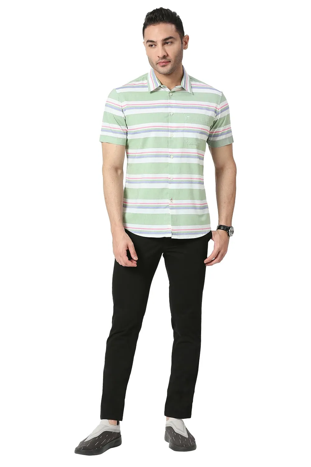 Slim Fit Cotton Oxford Weft Stripe Halfsleeves Shirt