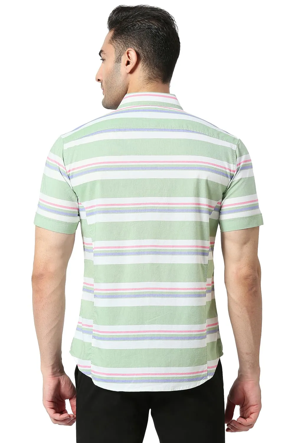 Slim Fit Cotton Oxford Weft Stripe Halfsleeves Shirt