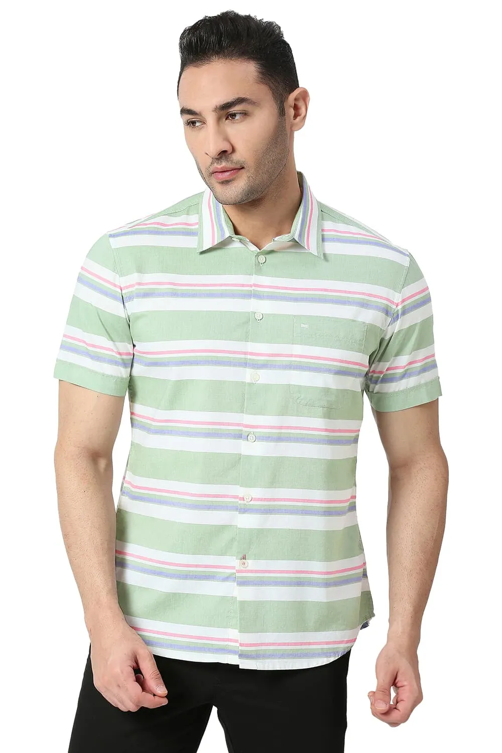 Slim Fit Cotton Oxford Weft Stripe Halfsleeves Shirt